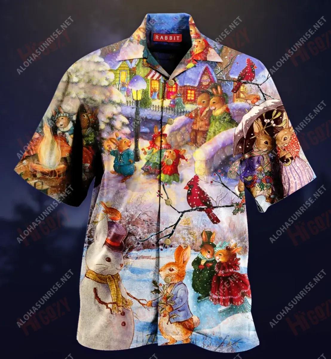 Christmas At Rabbit Town Short Hawaiian Shirt Vacation Tropical Shirts Custom Hawaiian Shirts Crazy Shirts Hawaii_Hawaiian Shirt Gift, Christmas Gift