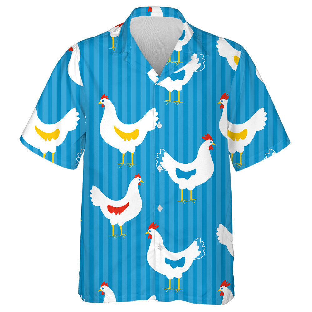 Beautiful Chicken Hen On Striped Blue Hawaiian Shirt, Hawaiian For Gift