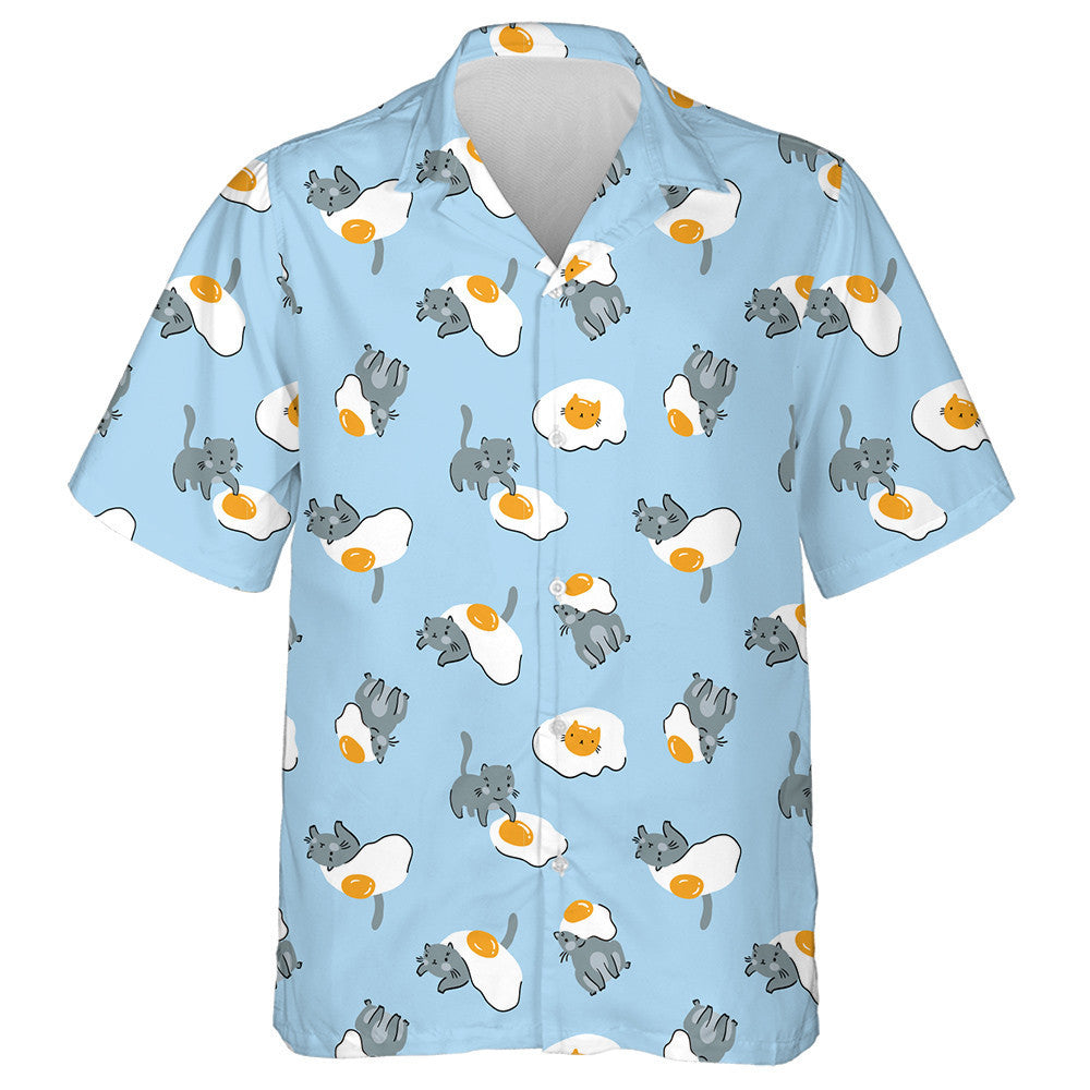 Cat gleoite Agus Uibheacha Friochta ar Chúlra Gorm Léine Haváí, Bronntanas Léine Haváíais, Bronntanas Nollag