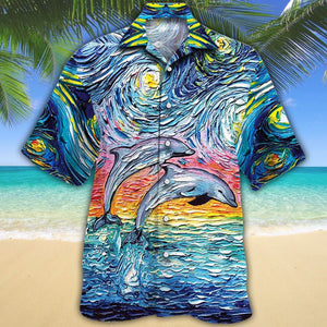 Dolphin Jumping Nice Night Acrylic Painting Pattern Hawaiian Shirt, Hawaiian Shirt Gift, Christmas Gift