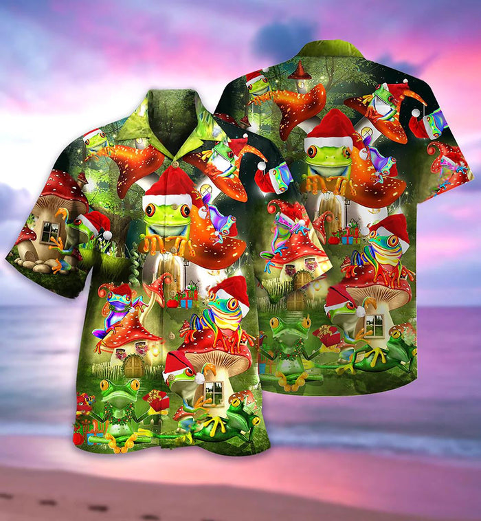 Funny Frog With Mushrooms Cartoon Pattern Merry Christmas Hawaiian Shirt, Hawaiian Shirt Gift, Christmas Gift