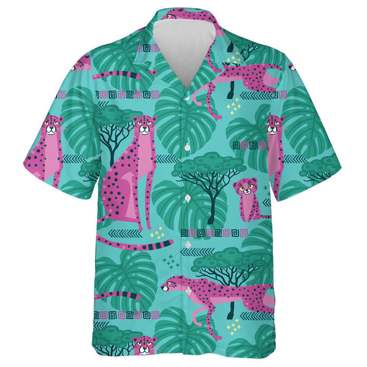 Leopards In Bright Pink And Turquoise Color Hawaiian Shirt, Hawaiian Shirt Gift, Christmas Gift