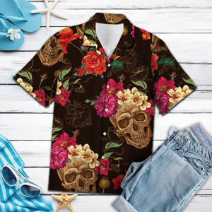 Smiling Skull Flower Palm Leaves Summer Vacation Themed Hawaiian Shirt, Hawaiian Shirt Gift, Christmas Gift