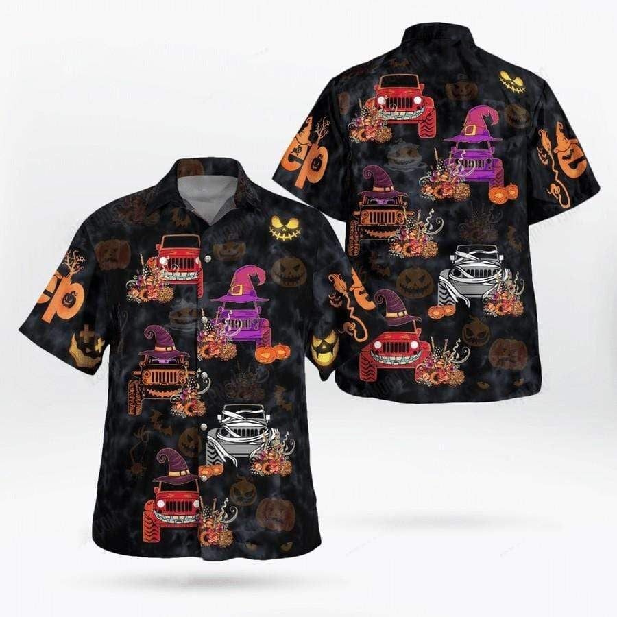 Illustration Hawaiian Shirt Jeep Halloween Vibes On Black, Hawaiian For Gift