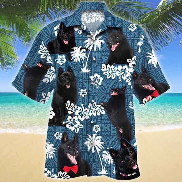 Black Schipperke Dog And Hibiscus On Blue Tribal Pattern Hawaiian Shirt, Hawaiian Shirt Gift, Christmas Gift