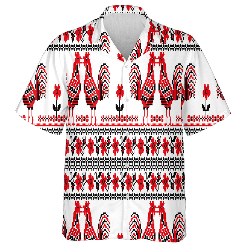 Slavic Embroidery With Chicken Roosters And Flowers Hawaiian Shirt, Hawaiian Shirt Gift, Christmas Gift