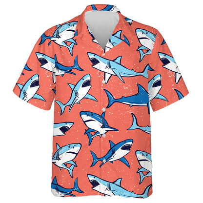 Sketch Pattern Of Blue Shark On Orange Background Design Hawaiian Shirt, Hawaiian Shirt Gift, Christmas Gift