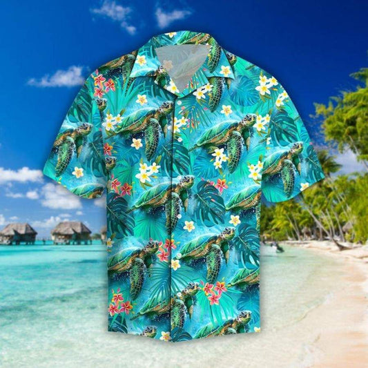 Ocean Turtle Tropical Hawaiian Aloha Shirts Hawaiian Shorts Beach Short Sleeve, Hawaiian Shirt Gift, Christmas Gift