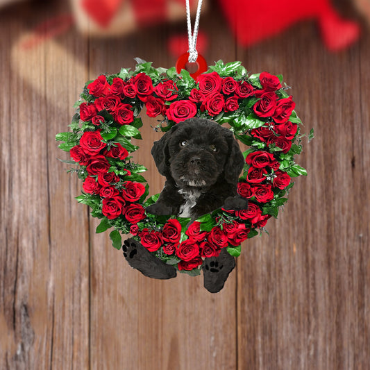 Black Cockapoo-Heart Wreath Two Sides Christmas Plastic Hanging Ornament, Christmas Ornament Gift, Christmas Gift, Christmas Decoration