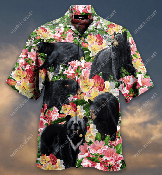 Black Bear Blossom Garden Hawaiian Shirt,Hawaiian Shirt Gift, Christmas Gift