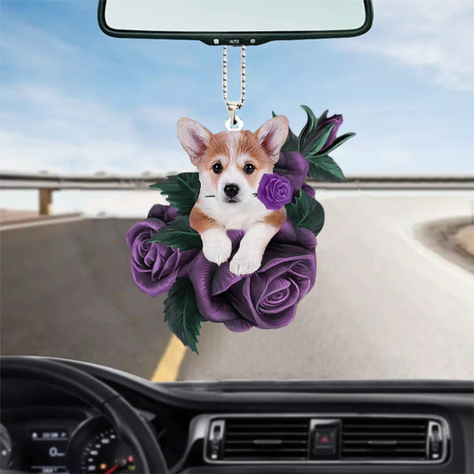 Corgi In Purple Rose Car Hanging Ornament, Christmas Decoration