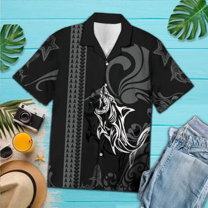 Black And White Maori Tribal Shark Pattern Hawaiian Shirt, Hawaiian Shirt Gift, Christmas Gift