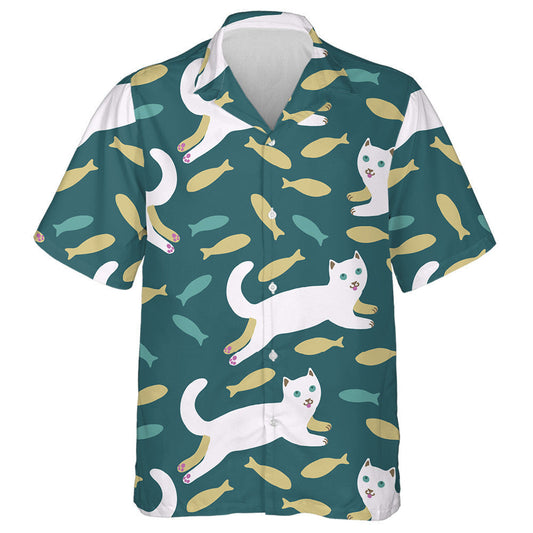 Cartoon White Cat And Fishes On Green Hawaiian Shirt, Hawaiian Shirt Gift, Christmas Gift