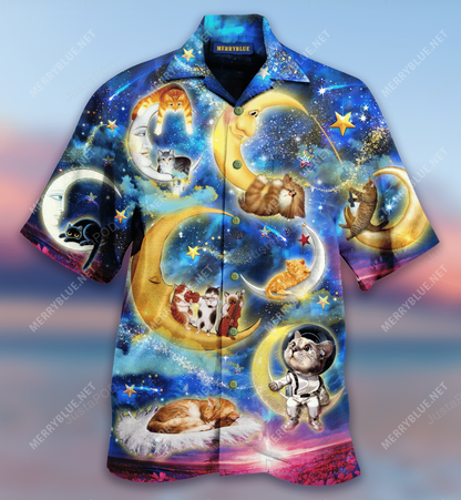 Cats On The Moon Hawaiian Shirt, Hwaiian For Gift