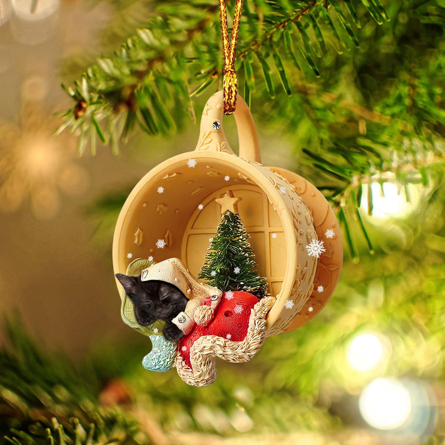 Black Cat Sleeping in a tiny cup Christmas Holiday-Two Sided Christmas Plastic Hanging Ornament, Christmas Ornament Gift, Christmas Gift, Christmas Decoration