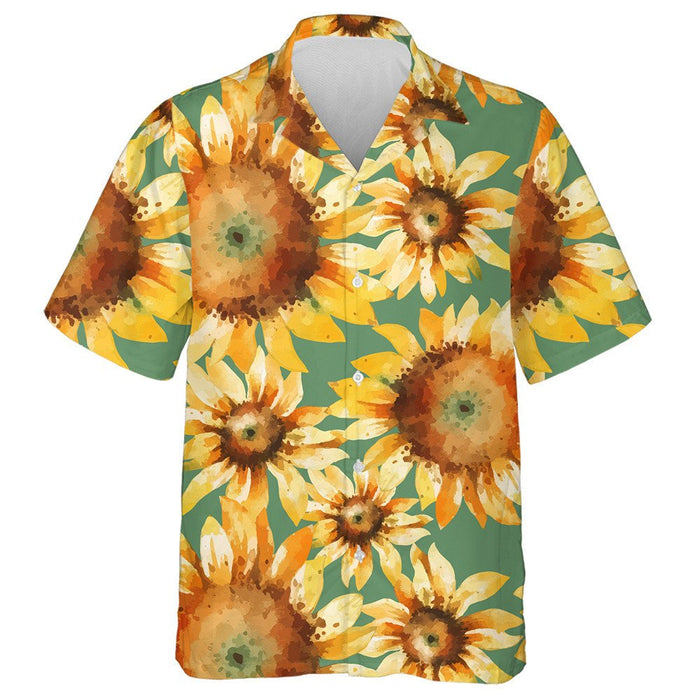 Green Background Watercolor Sunflowers Painting Pattern Hawaiian Shirt,Hawaiian Shirt Gift, Christmas Gift