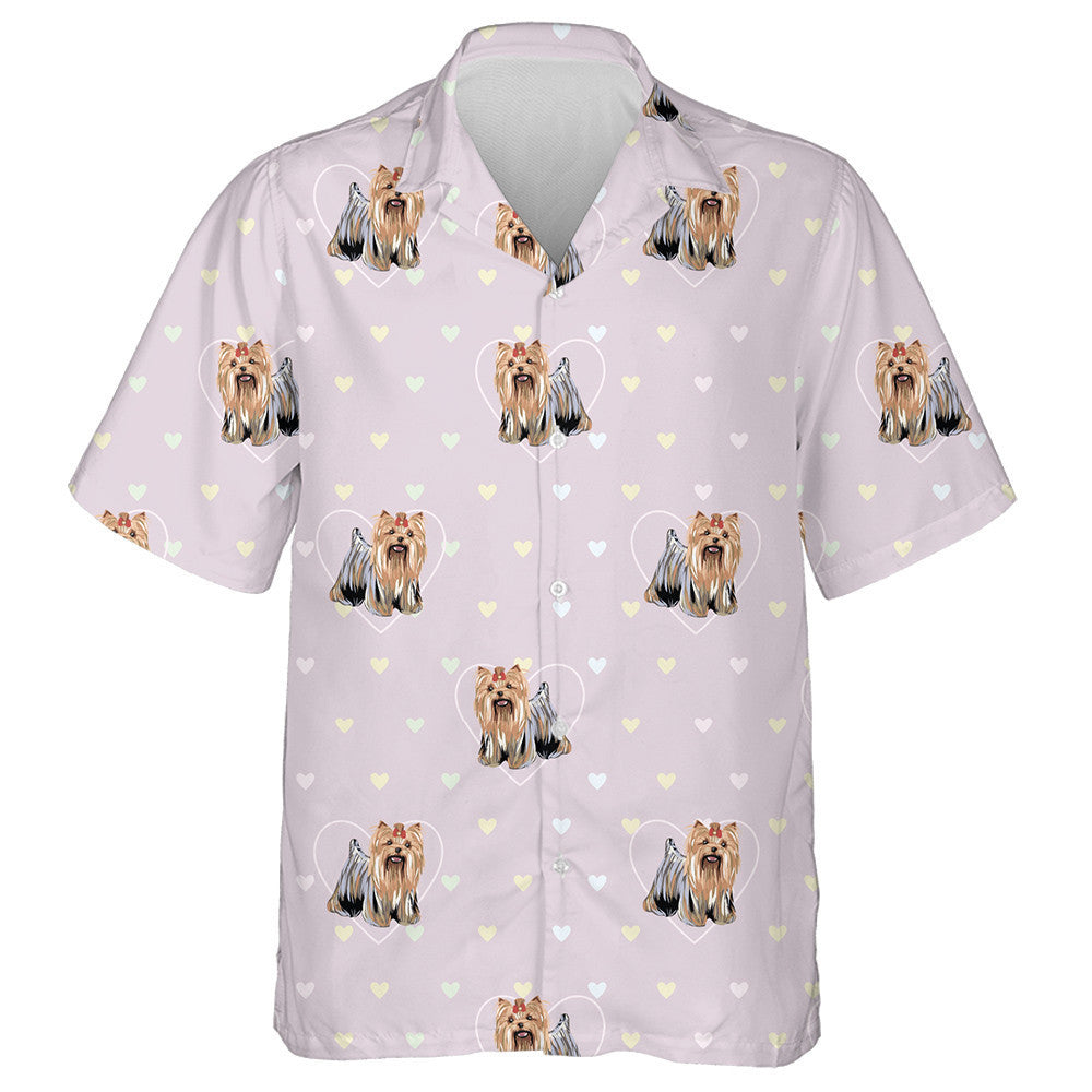 Yorkshire Terrier And Colored Hearts On Pink Hawaiian Shirt, Hawaiian Shirt Gift, Christmas Gift