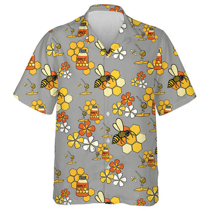 Natural Summer Active Bees On Gray Background Hawaiian Shirt, Hawaiian Shirt Gift, Christmas Gift
