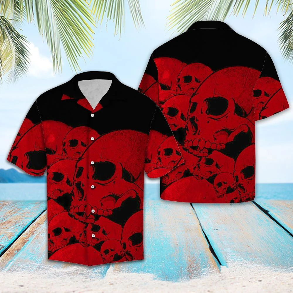 Red Skull In Black Design Hawaiian Shirt,Hawaiian Shirt Gift, Christmas Gift