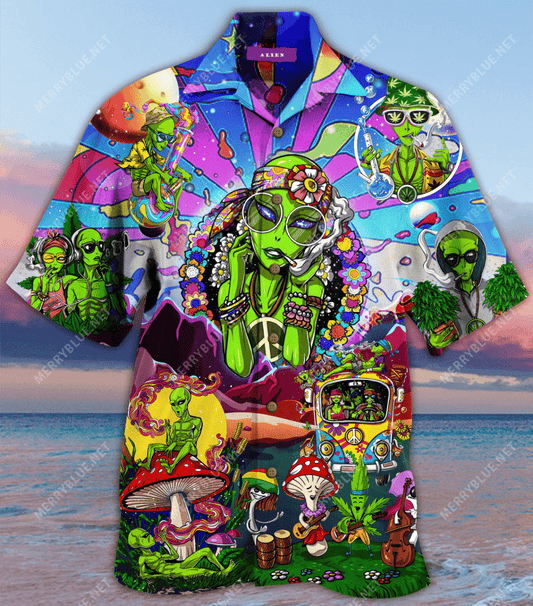Hippie Alien Unisex Hawaiian Aloha Shirt Hawaiian Shorts Beach Short Sleeve, Hawaiian Shirt Gift, Christmas Gift