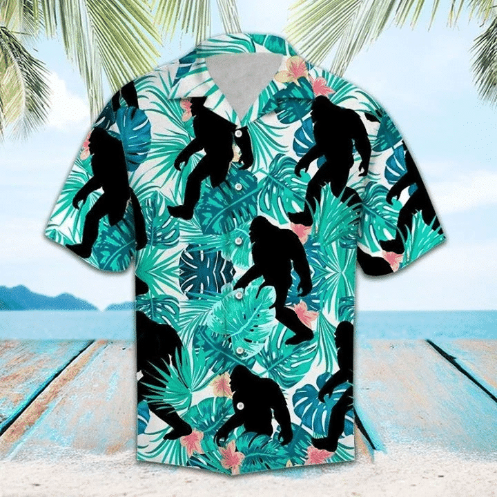 Bigfoot On Tropical Plant Blue Theme Hawaiian Shirt, Hawaiian For Gift