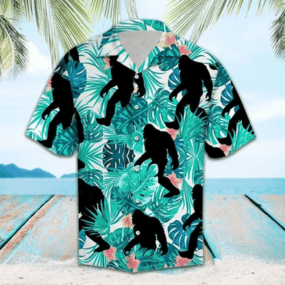 Bigfoot On Tropical Plant Blue Theme Hawaiian Shirt, Hawaiian For Gift