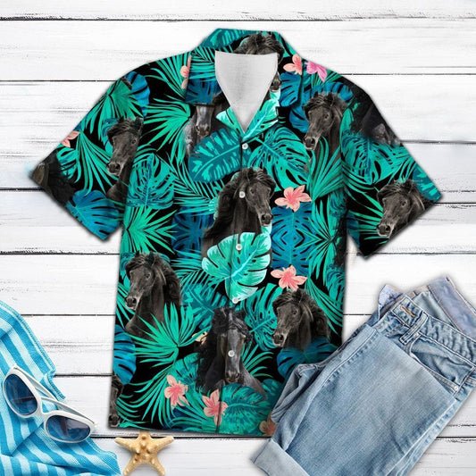 Friesian Horse Green Monstera Leaves Design Hawaiian Shirt, Hawaiian Shirt Gift, Christmas Gift