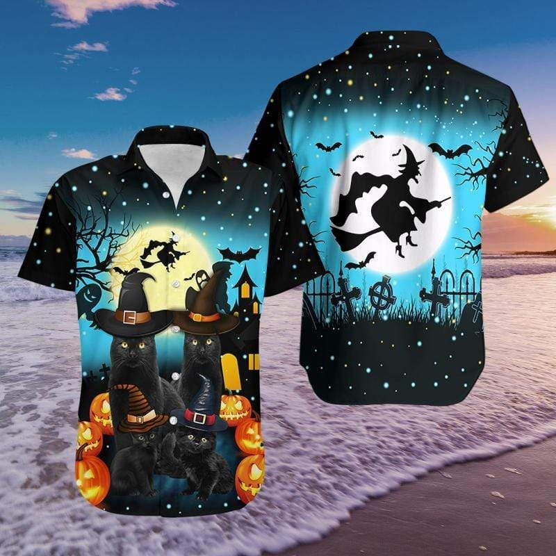 Black Cat On Night Halloween Illustration Hawaiian Shirt, Hawaiian For Gift
