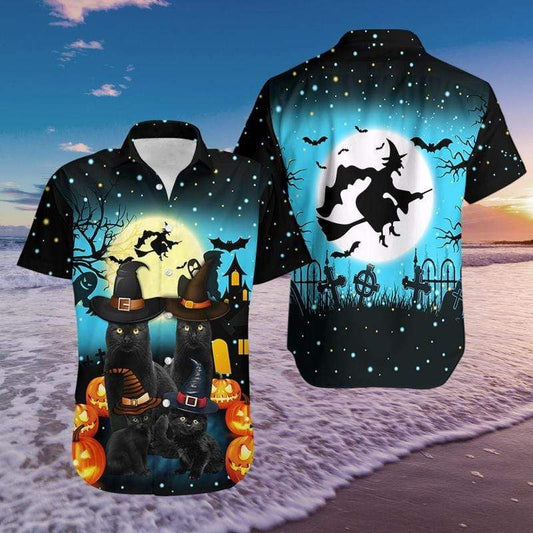 Black Cat On Night Halloween Illustration Hawaiian Shirt, Hawaiian For Gift