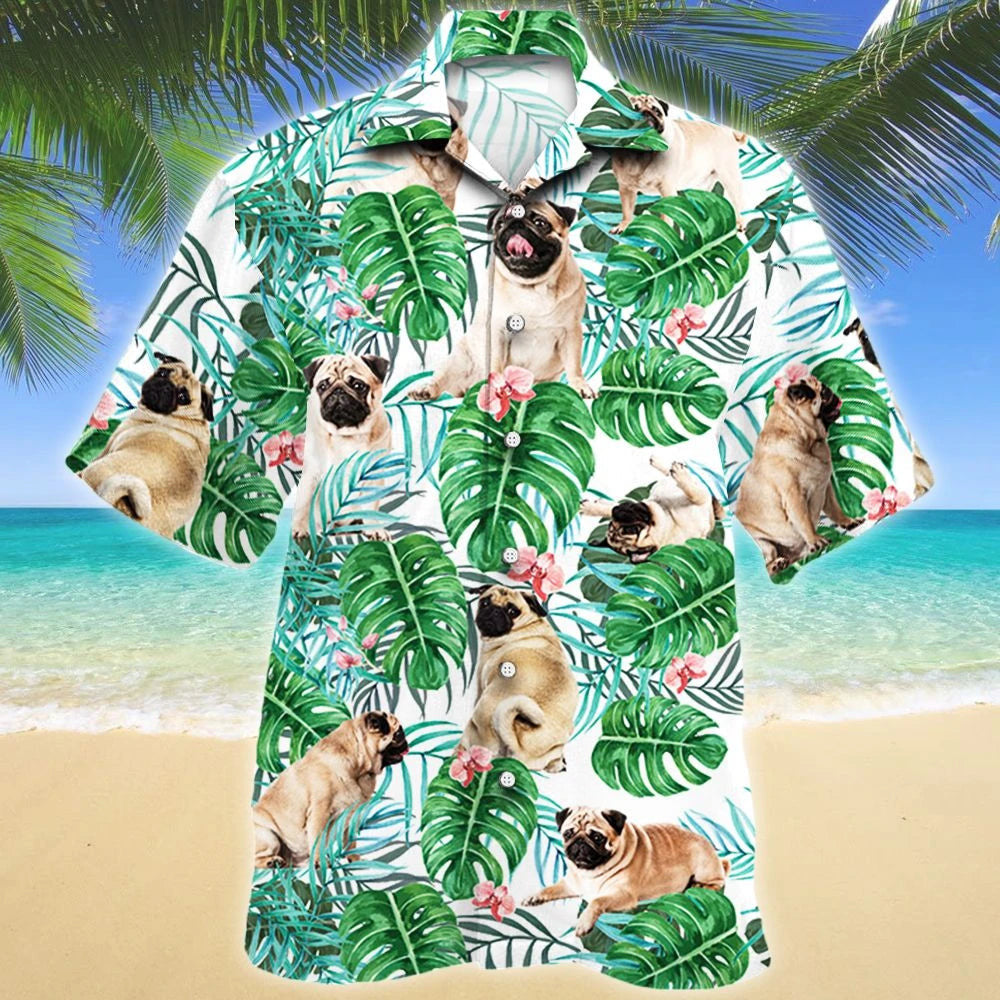Pug Dog Tropical Plant Montera Leaves Pattern Hawaiian Shirt, Hawaiian Shirt Gift, Christmas Gift