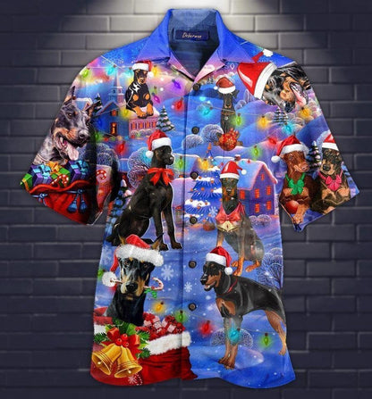Christmas Doberman Pinscher Vivid Lights Design Hawaiian Shirt, Hawaiian Shirt Gift, Christmas Gift