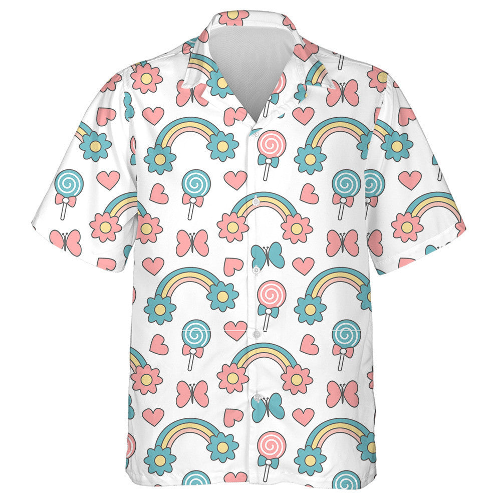 Hand Drawn Butterflies Rainbows With Daisy Flowers Hawaiian Shirt, Hawaiian Shirt Gift, Christmas Gift