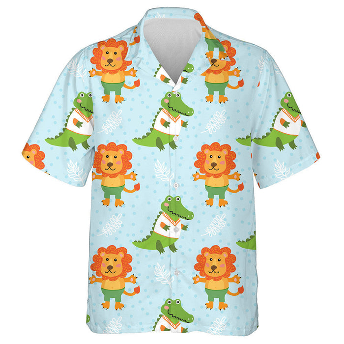 Cute Cartoon Crocodile And Cute Lion Hawaiian Shirt,Hawaiian Shirt Gift, Christmas Gift