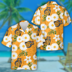 White Floral And Butterflies On Orange Hawaiian Shirt, Hwaiian For Gift