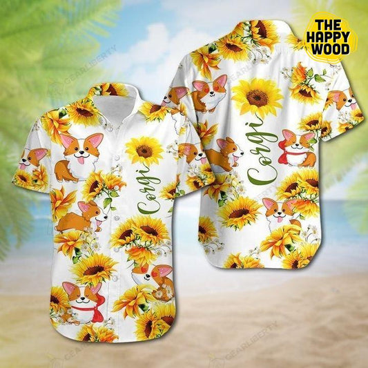 Corgi Sunflower 3D Léine Haváís Haváí, Bronntanas Léine Haváís, Bronntanas Nollag