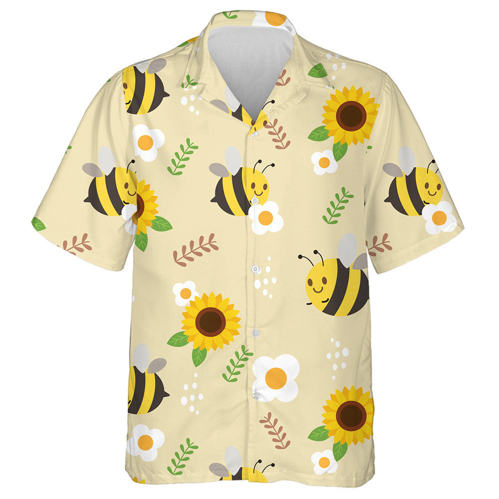 Bee Sunflower And White Flower With Leaves Hawaiian Shirt, Hawaiian Shirt Gift, Christmas Gift