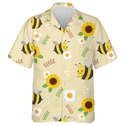 Bee Sunflower And White Flower With Leaves Hawaiian Shirt, Hawaiian Shirt Gift, Christmas Gift