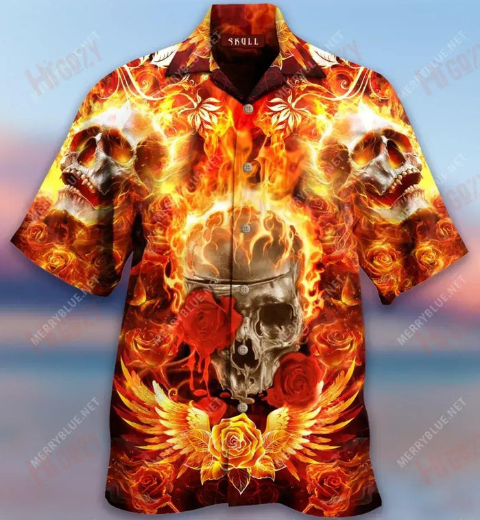 Flaming Rose Skull Short Short Sleeve Shirt Vacation Aloha Shirt Tactical Hawaiian Shirt Hawaiian Shirt Pattern_ Hawaiian Shirt Gift, Christmas Gift