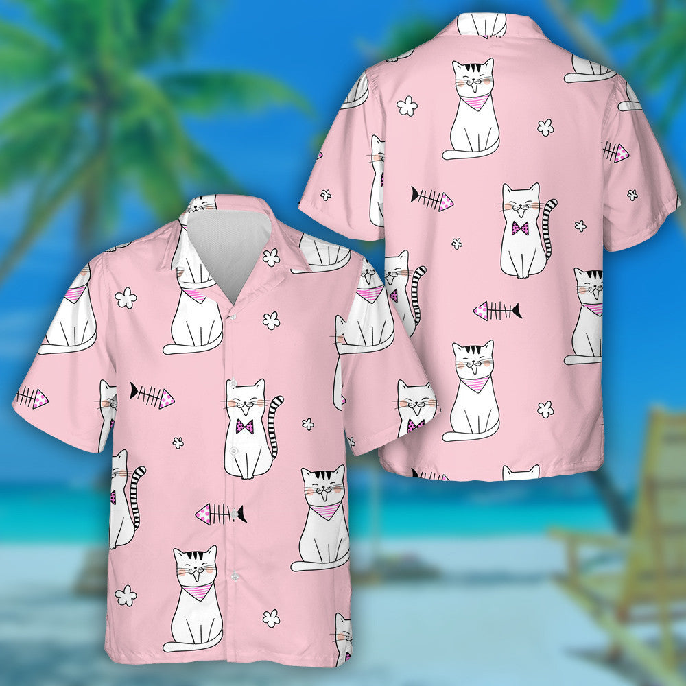 Cute Cat On Pink Pastel Doodle Style Hawaiian Shirt, Hawaiian Shirt Gift, Christmas Gift
