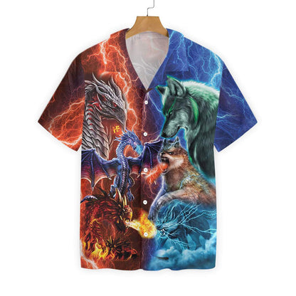 Red Dragon Vs Blue Wolves Pattern Hawaiian Shirt,Hawaiian Shirt Gift, Christmas Gift