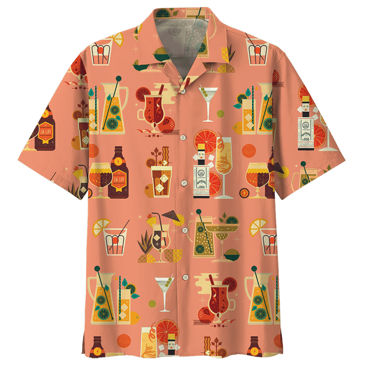 Cocktail On Orange Background Pattern Hawaiian Shirt, Hawaiian For Gift