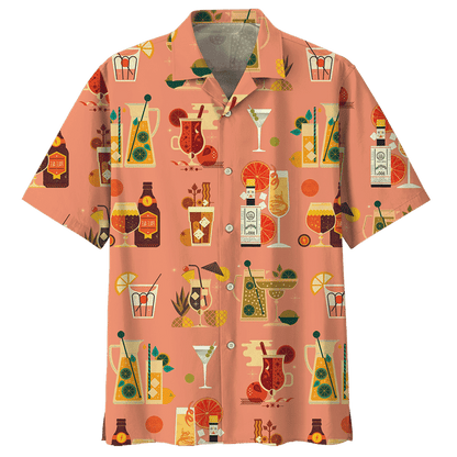 Cocktail On Orange Background Pattern Hawaiian Shirt, Hawaiian For Gift