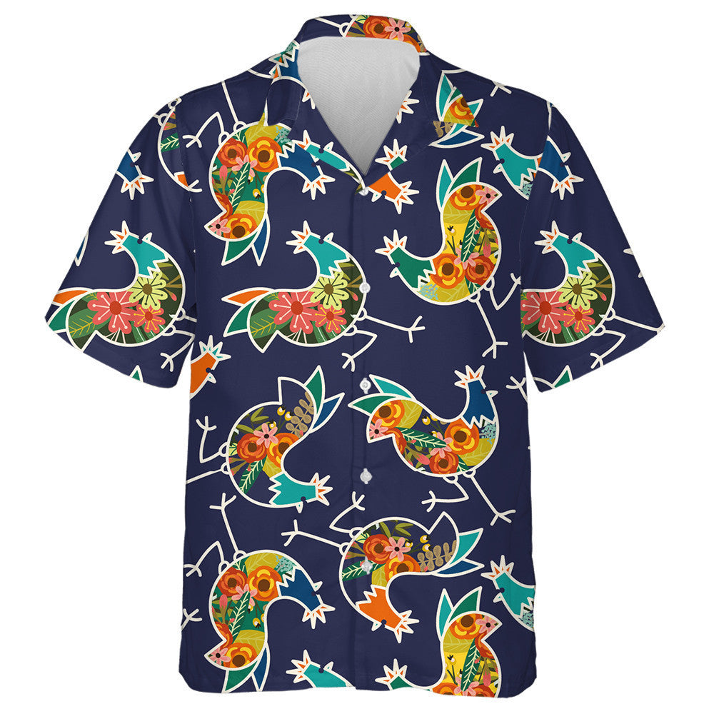 Floral Special Chicken On Dark Blue Background Hawaiian Shirt, Hawaiian Shirt Gift, Christmas Gift