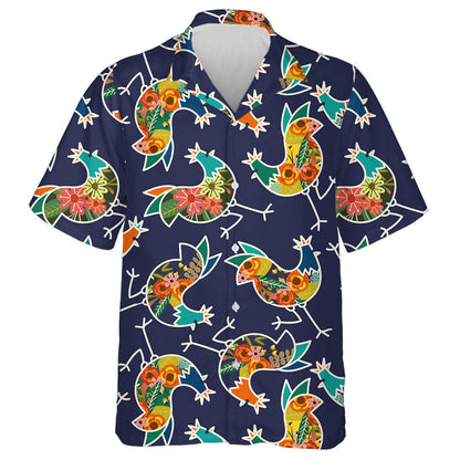Floral Special Chicken On Dark Blue Background Hawaiian Shirt, Hawaiian Shirt Gift, Christmas Gift