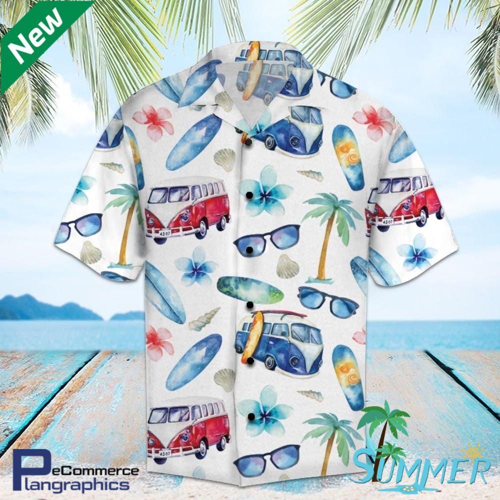 Bus Hippie Aop Léine Aloha Haváíais Léine Ghearr Trá Haváíais Shorts Shorts, Bronntanais Léine Haváíais, Bronntanas Nollag