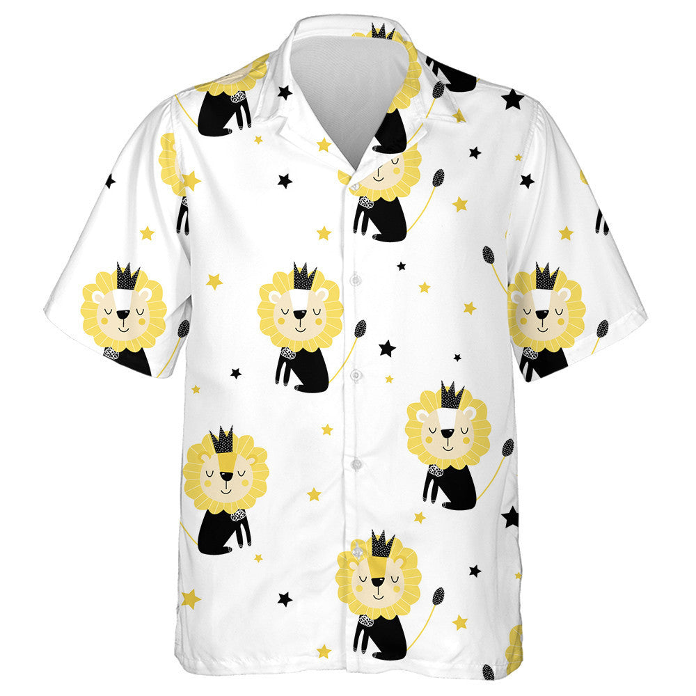 Black And Yellow Happy Lions And Stars Hawaiian Shirt, Hawaiian Shirt Gift, Christmas Gift