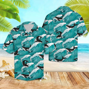 Amazing Black And White Whale Sea Waves Pattern Hawaiian Shirt, Hawaiian Shirt Gift, Christmas Gift