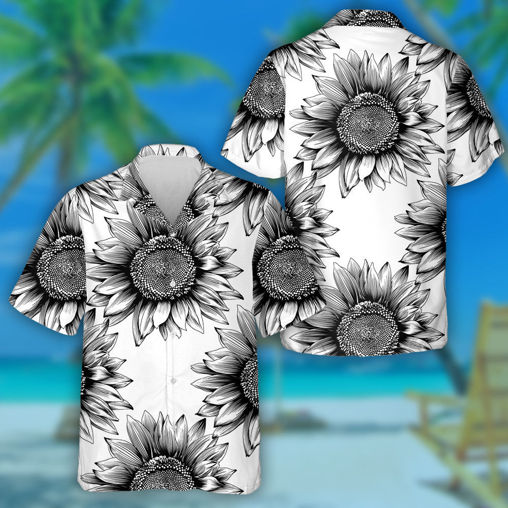 Black Sketch Art Of Sunflowers Blooming Pattern Hawaiian Shirt, Hawaiian Shirt Gift, Christmas Gift