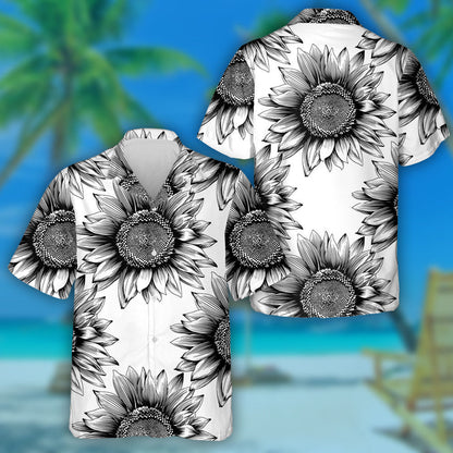 Black Sketch Art Of Sunflowers Blooming Pattern Hawaiian Shirt, Hawaiian Shirt Gift, Christmas Gift