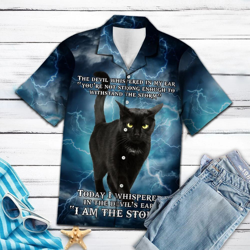 Black Cat I Am The Storm Pattern Hawaiian Shirt, Hawaiian Shirt Gift, Christmas Gift